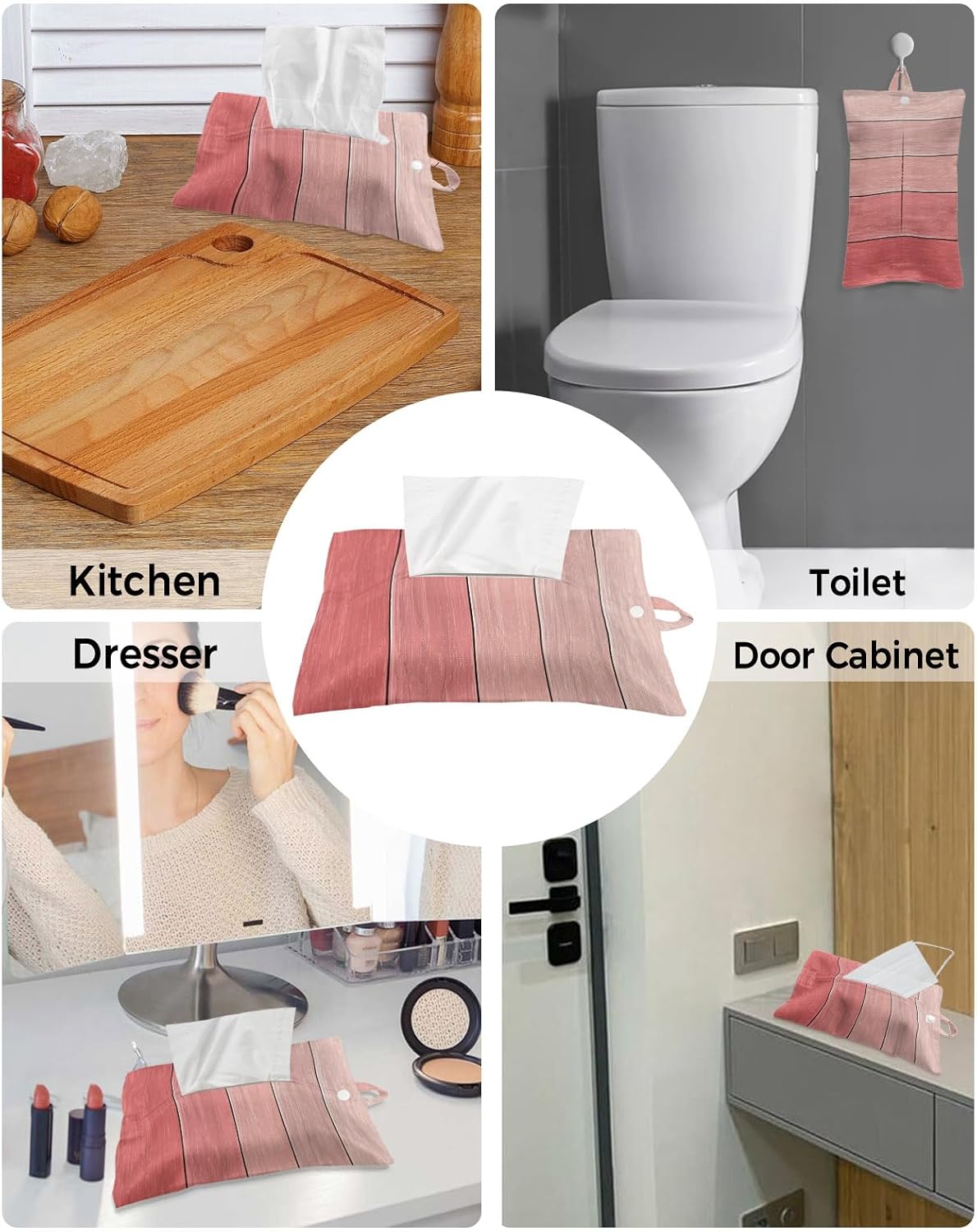 Tissues Box Cover Peach Pink Wood Grain Tissue Holder with Hanging Linen Organizer Dispenser Rustic Farmhouse Wooden Board Tissues Box Covers Rectangle for Bathroom Toilet Car Kitchen Tabletop 4 PCS