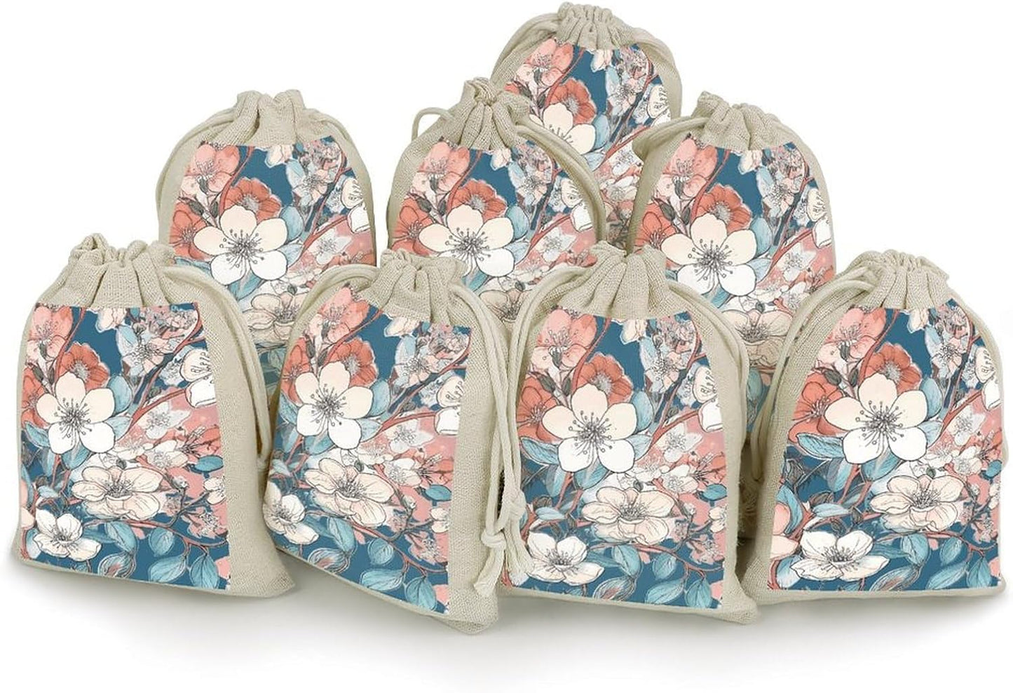 STVNKML 8-Pack Peach Leafed Flower Drawstring Gift Bags Cotton Linen Party Favors Bags for Decorated Event Favors