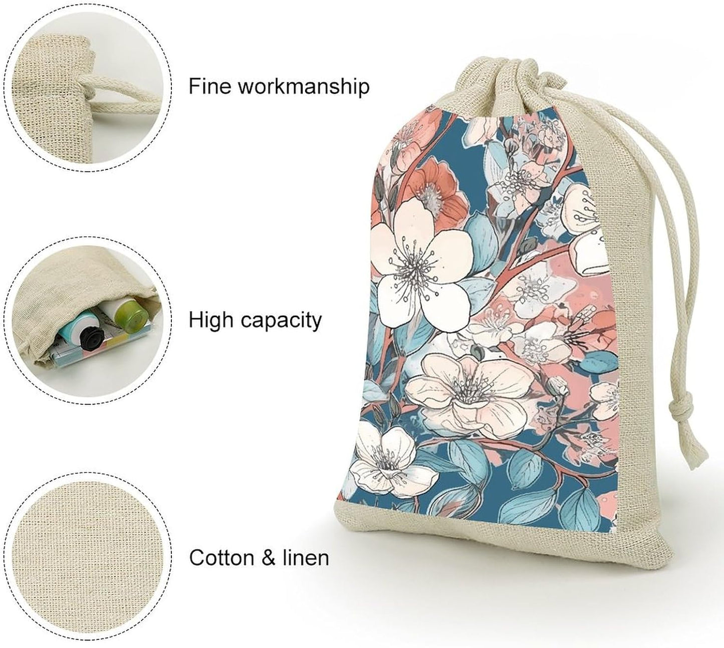 STVNKML 8-Pack Peach Leafed Flower Drawstring Gift Bags Cotton Linen Party Favors Bags for Decorated Event Favors