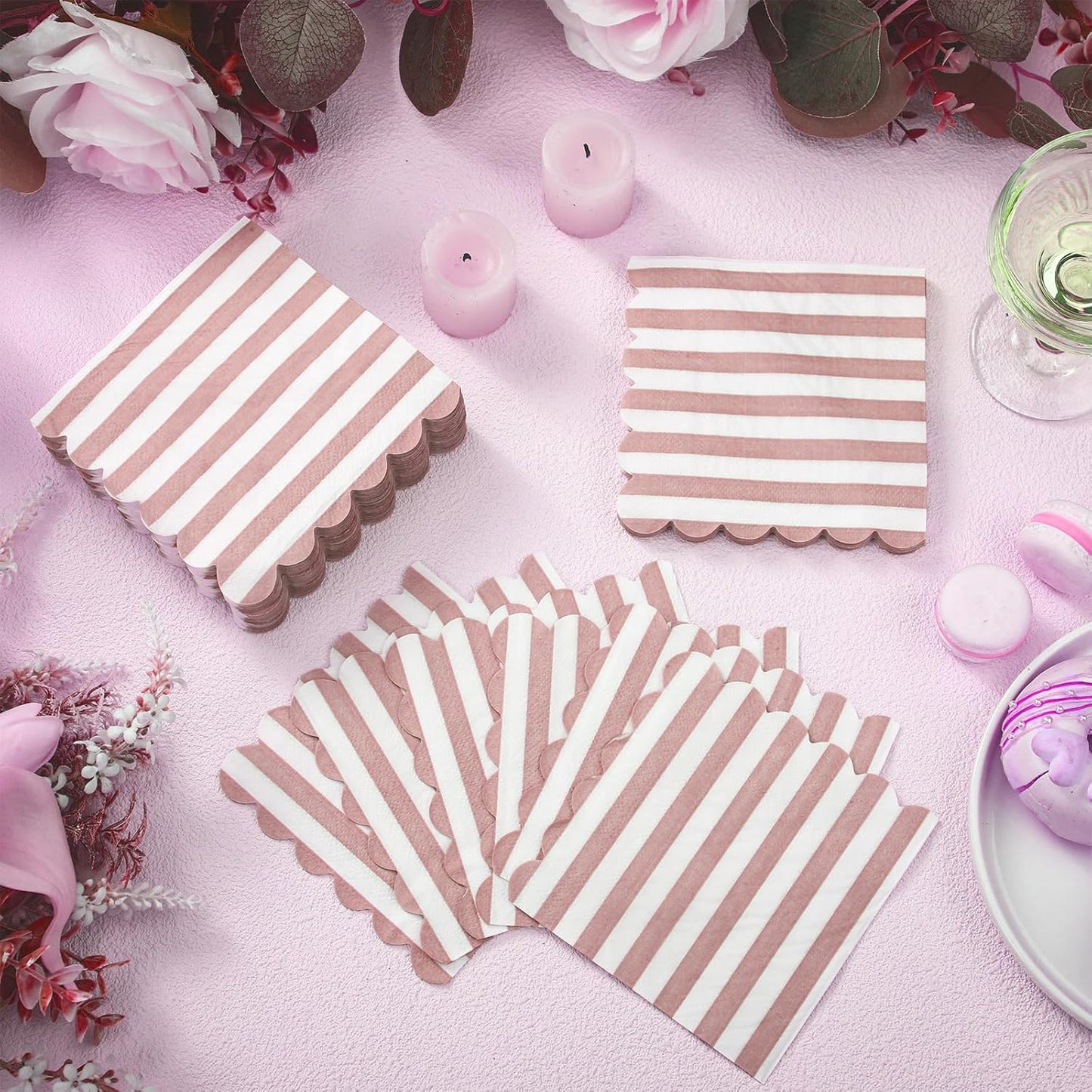 Epakh 100 Pcs Pink White Pastel Striped Cocktail Napkins with Wavy Edges Disposable Scalloped Beverage Napkins Bulk for Dinner Dessert Table Wedding Baby Bridal Shower Birthday 5 x 5 Inch