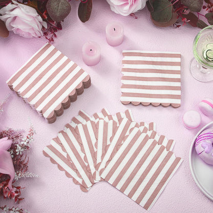 Epakh 100 Pcs Pink White Pastel Striped Cocktail Napkins with Wavy Edges Disposable Scalloped Beverage Napkins Bulk for Dinner Dessert Table Wedding Baby Bridal Shower Birthday 5 x 5 Inch