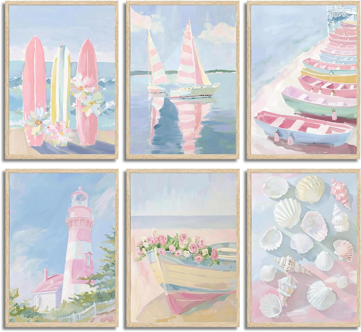 6Pcs Trendy Pastel Coastal Wall Art Blue Pink Beach Pictures Aesthetic Wall Decor Ocean Preppy Posters Surf Lighthouse Beachy Print Artwork for Teen Girl Room Dorm Apartment 8x10in Unframed