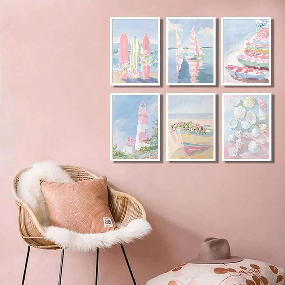 6Pcs Trendy Pastel Coastal Wall Art Blue Pink Beach Pictures Aesthetic Wall Decor Ocean Preppy Posters Surf Lighthouse Beachy Print Artwork for Teen Girl Room Dorm Apartment 8x10in Unframed