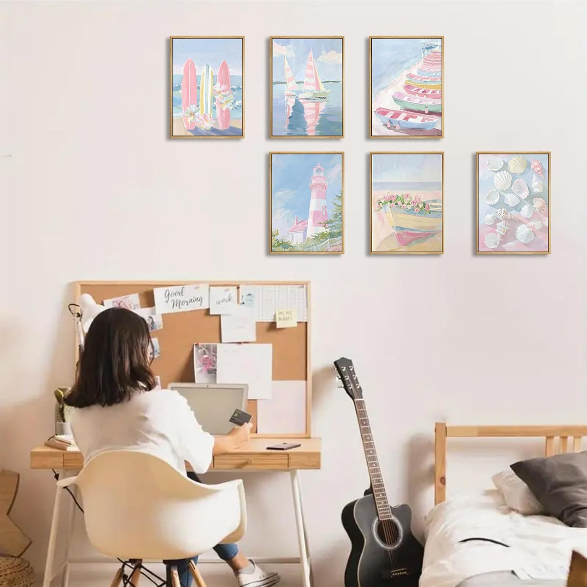 6Pcs Trendy Pastel Coastal Wall Art Blue Pink Beach Pictures Aesthetic Wall Decor Ocean Preppy Posters Surf Lighthouse Beachy Print Artwork for Teen Girl Room Dorm Apartment 8x10in Unframed