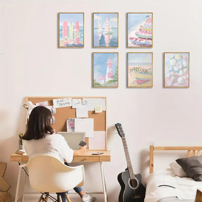 6Pcs Trendy Pastel Coastal Wall Art Blue Pink Beach Pictures Aesthetic Wall Decor Ocean Preppy Posters Surf Lighthouse Beachy Print Artwork for Teen Girl Room Dorm Apartment 8x10in Unframed