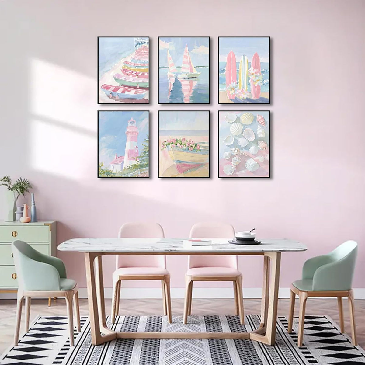 6Pcs Trendy Pastel Coastal Wall Art Blue Pink Beach Pictures Aesthetic Wall Decor Ocean Preppy Posters Surf Lighthouse Beachy Print Artwork for Teen Girl Room Dorm Apartment 8x10in Unframed