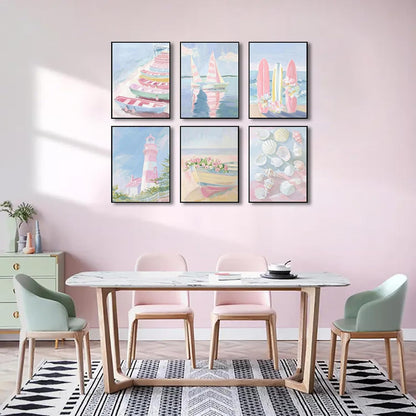 6Pcs Trendy Pastel Coastal Wall Art Blue Pink Beach Pictures Aesthetic Wall Decor Ocean Preppy Posters Surf Lighthouse Beachy Print Artwork for Teen Girl Room Dorm Apartment 8x10in Unframed