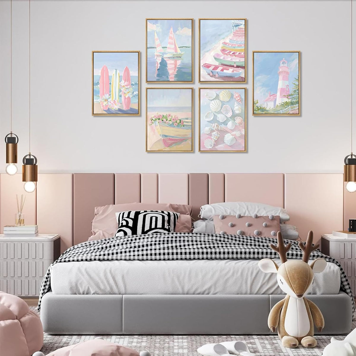 6Pcs Trendy Pastel Coastal Wall Art Blue Pink Beach Pictures Aesthetic Wall Decor Ocean Preppy Posters Surf Lighthouse Beachy Print Artwork for Teen Girl Room Dorm Apartment 8x10in Unframed