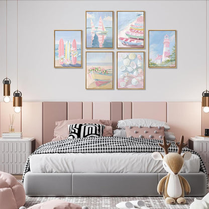 6Pcs Trendy Pastel Coastal Wall Art Blue Pink Beach Pictures Aesthetic Wall Decor Ocean Preppy Posters Surf Lighthouse Beachy Print Artwork for Teen Girl Room Dorm Apartment 8x10in Unframed