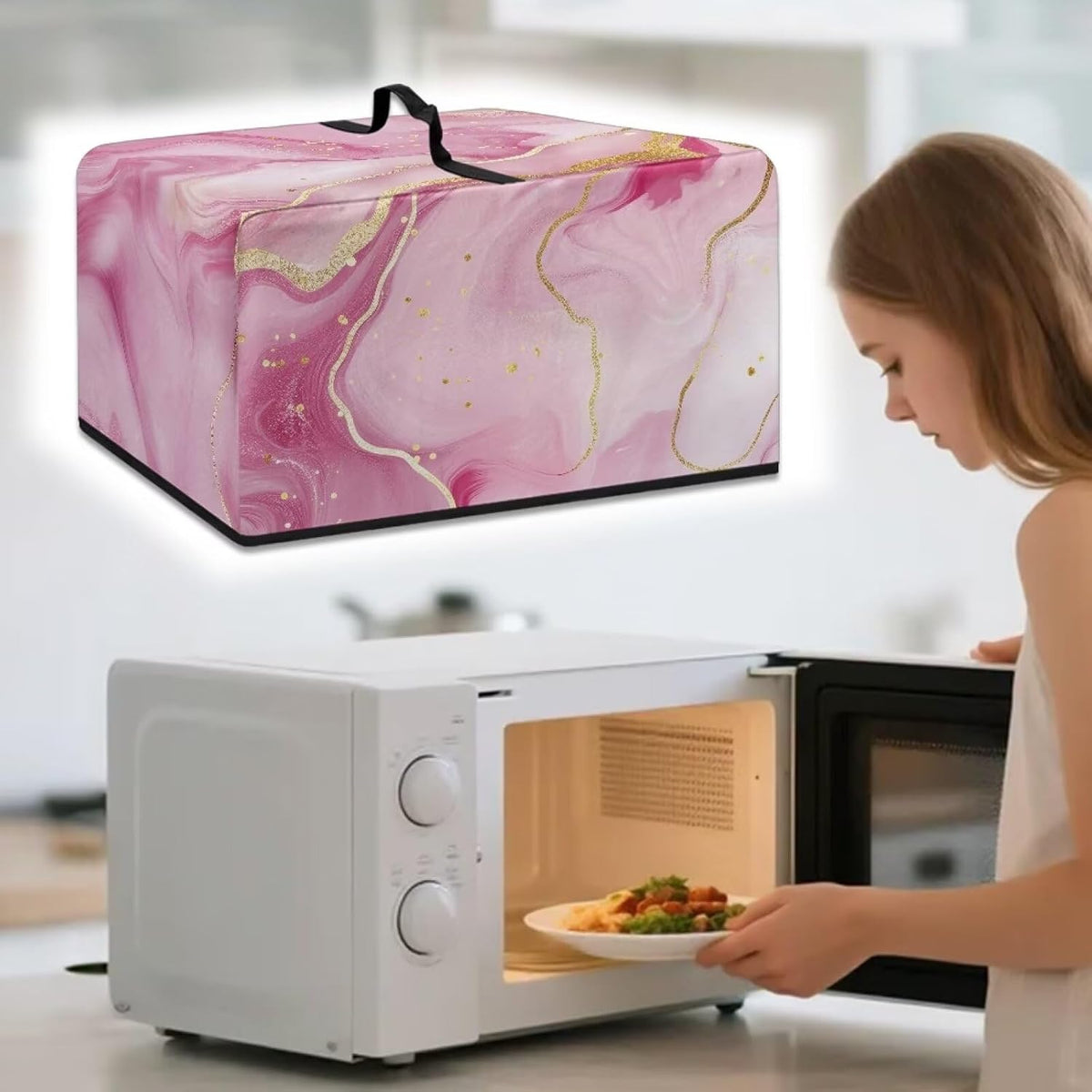 Pink Marble Microwave Cover – Dustproof Floral Print Fabric Protector for Ovens & Small Appliances, Foldable & Lightweight with Top Handle