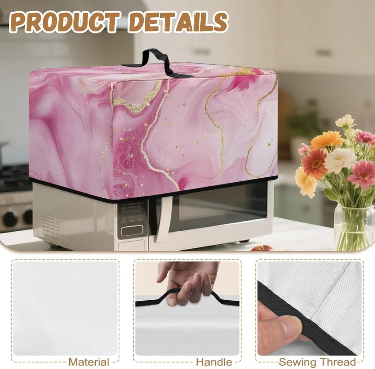 Pink Marble Microwave Cover – Dustproof Floral Print Fabric Protector for Ovens & Small Appliances, Foldable & Lightweight with Top Handle