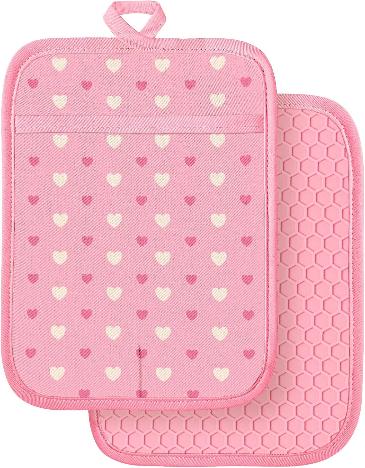 Silcone Heart Pot Holders for Kitchen - 100% Cotton Pink Cute Oven Potholders with Pockets, Heat Resistant Square Thick Hot Pads, House New Home Baking Baker Gifts,2pack