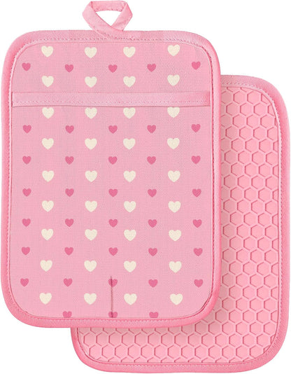 Silcone Heart Pot Holders for Kitchen - 100% Cotton Pink Cute Oven Potholders with Pockets, Heat Resistant Square Thick Hot Pads, House New Home Baking Baker Gifts,2pack