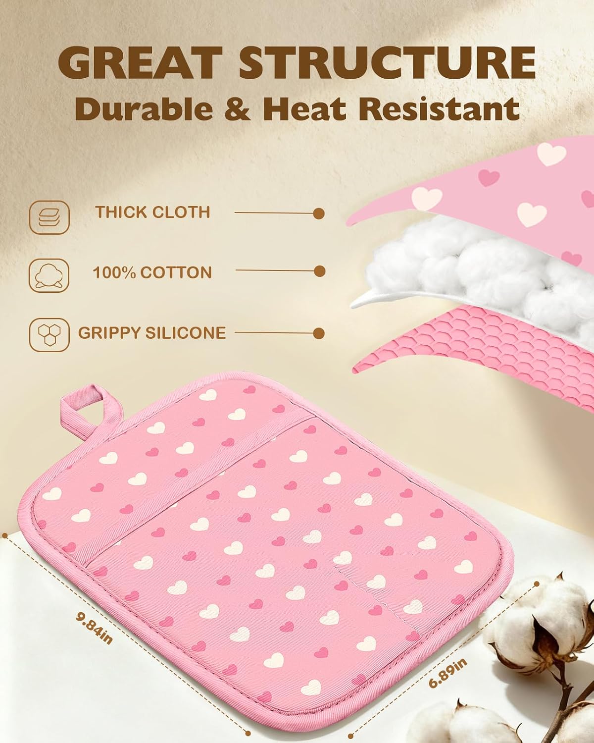 Silcone Heart Pot Holders for Kitchen - 100% Cotton Pink Cute Oven Potholders with Pockets, Heat Resistant Square Thick Hot Pads, House New Home Baking Baker Gifts,2pack