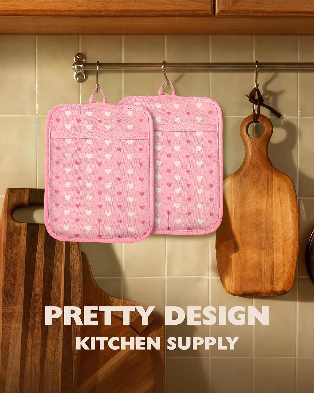 Silcone Heart Pot Holders for Kitchen - 100% Cotton Pink Cute Oven Potholders with Pockets, Heat Resistant Square Thick Hot Pads, House New Home Baking Baker Gifts,2pack