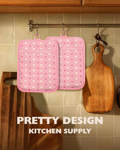 Silcone Heart Pot Holders for Kitchen - 100% Cotton Pink Cute Oven Potholders with Pockets, Heat Resistant Square Thick Hot Pads, House New Home Baking Baker Gifts,2pack