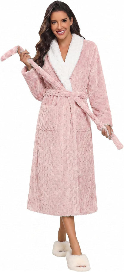 Women's Robe Long Winter Plush Jacquard Bathrobe with Pockets S-XXL