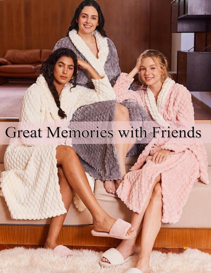 Women's Robe Long Winter Plush Jacquard Bathrobe with Pockets S-XXL