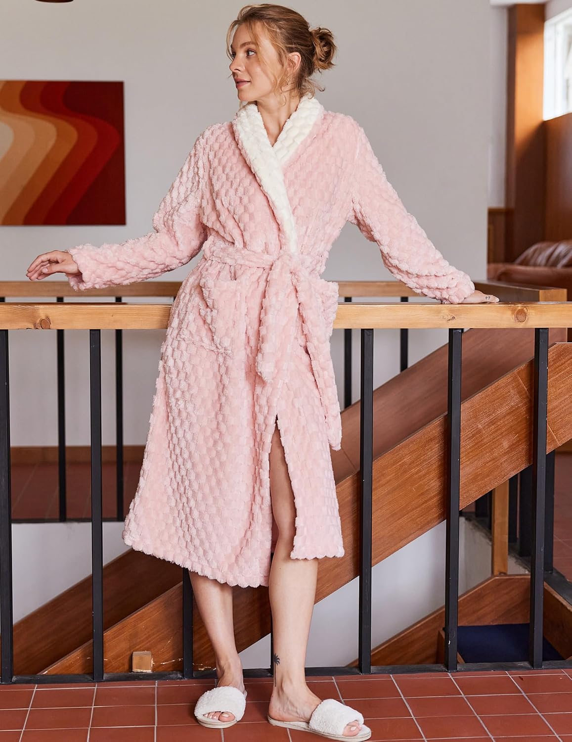 Women's Robe Long Winter Plush Jacquard Bathrobe with Pockets S-XXL