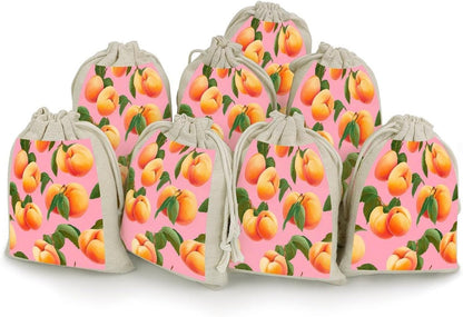 Peach Fruit Party Favor Bags 8 Pack Small Drawstring Bags Cotton Linen Organizer Pouch