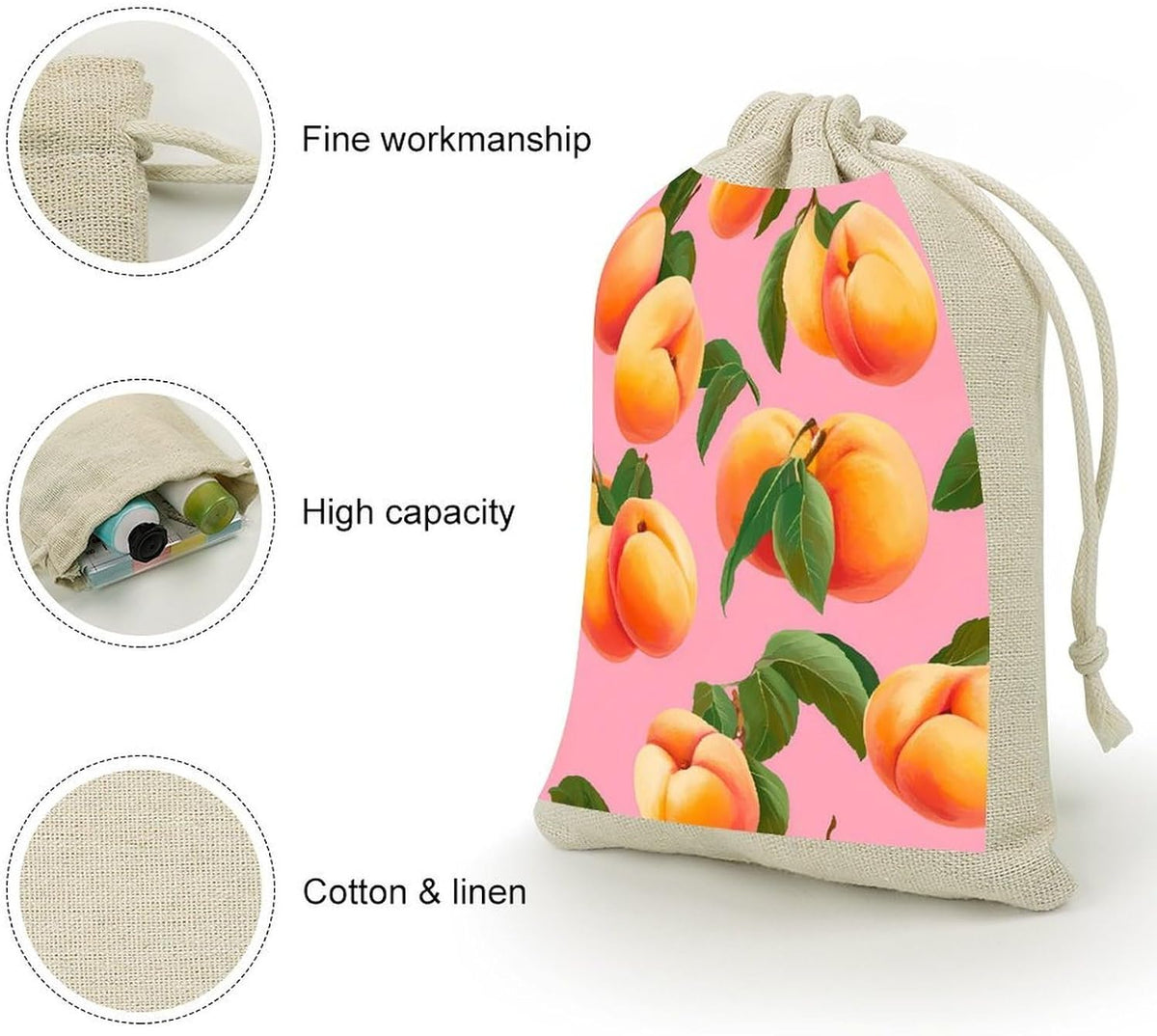 Peach Fruit Party Favor Bags 8 Pack Small Drawstring Bags Cotton Linen Organizer Pouch