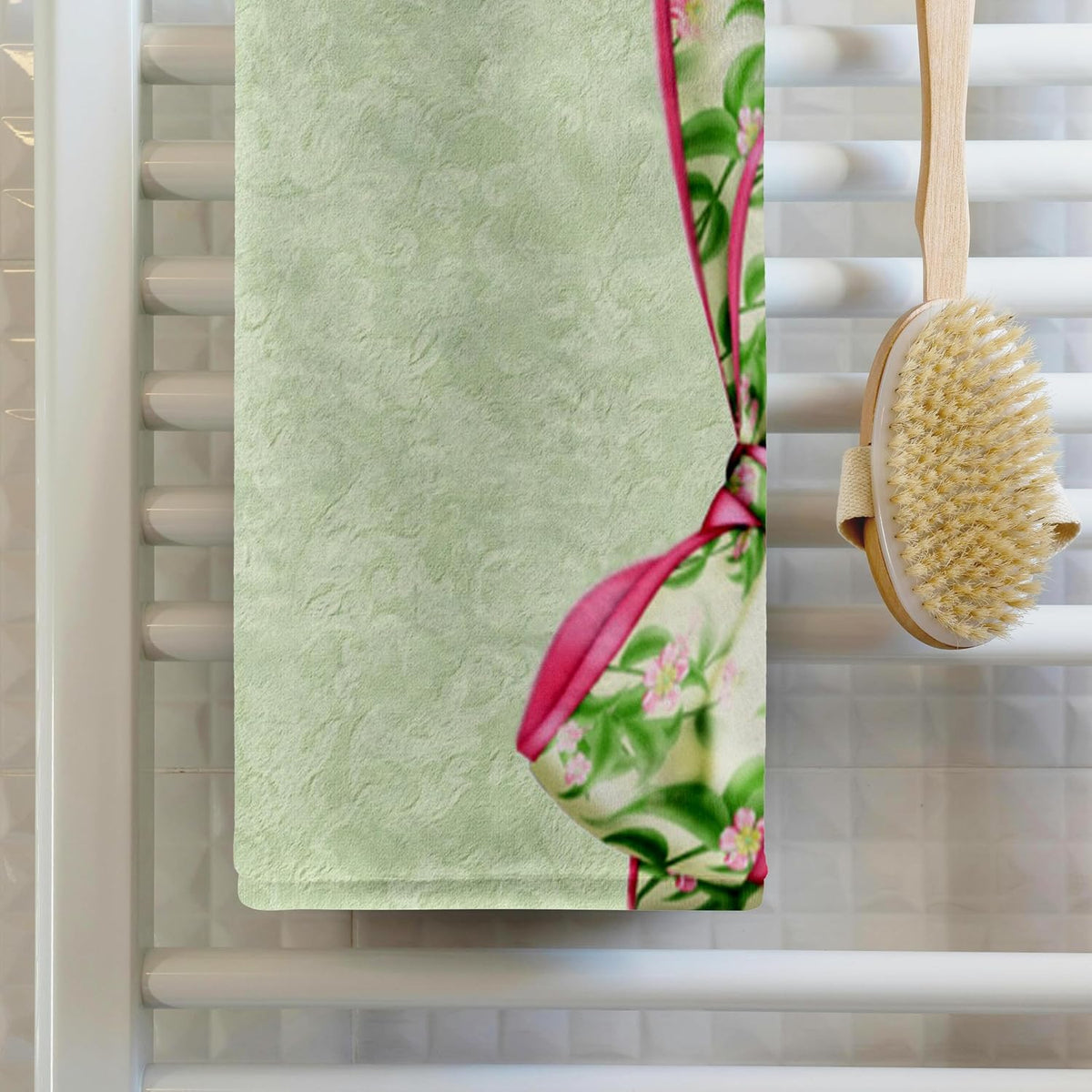 Green & Pink Floral Bow on Pastel Grunge 22x30 Bath Hand Pool Towel