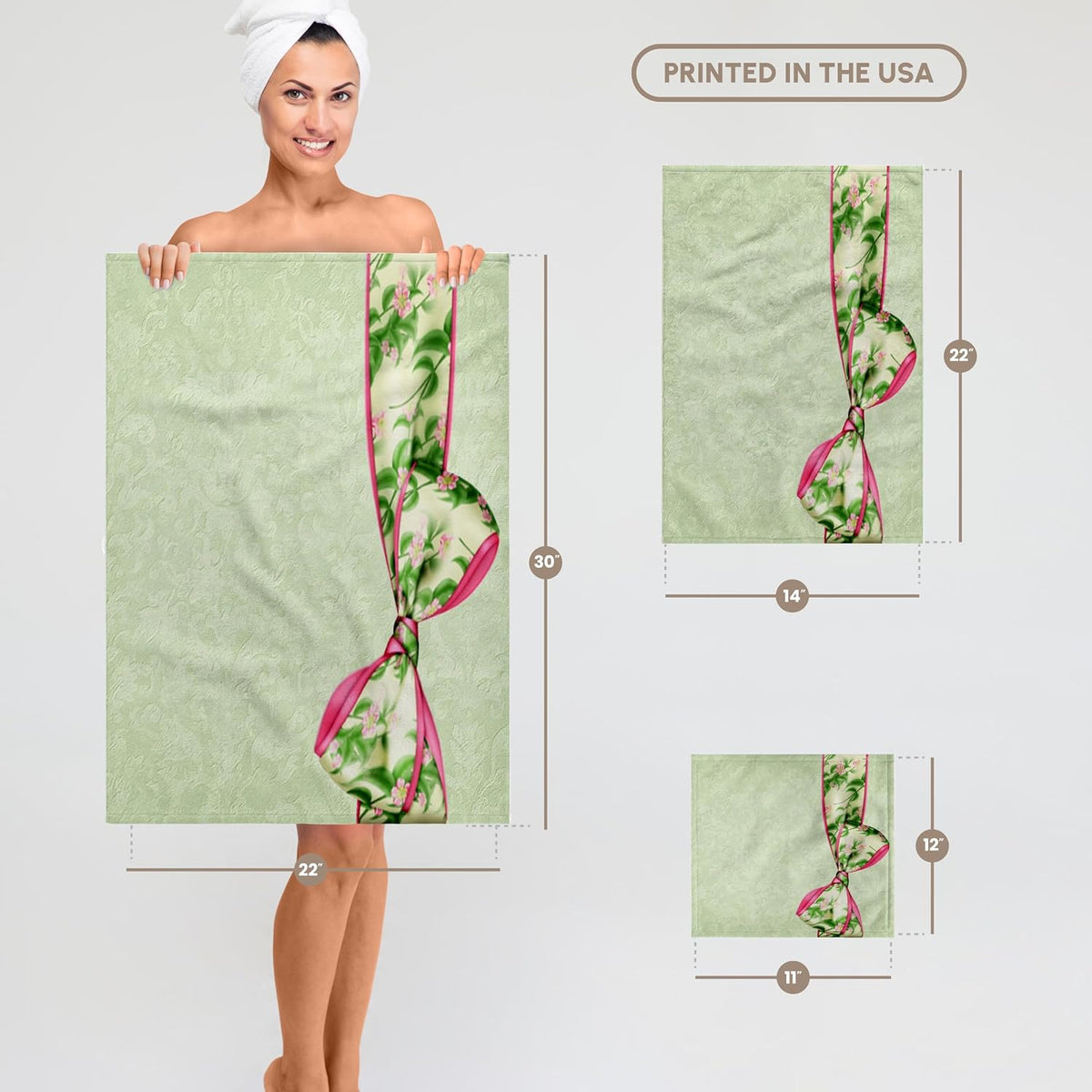 Green & Pink Floral Bow on Pastel Grunge 22x30 Bath Hand Pool Towel