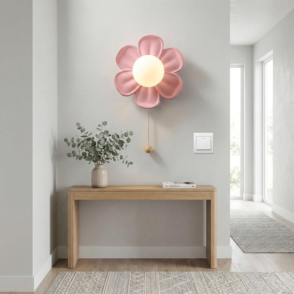 Modern Flower Wall Sconce Lighting,Creative Pastel Petal LED Wall Lamp with Pull Chain Switch,Sconce for Kids Room, Bedroom, Nursery, Hallway Wall Decor