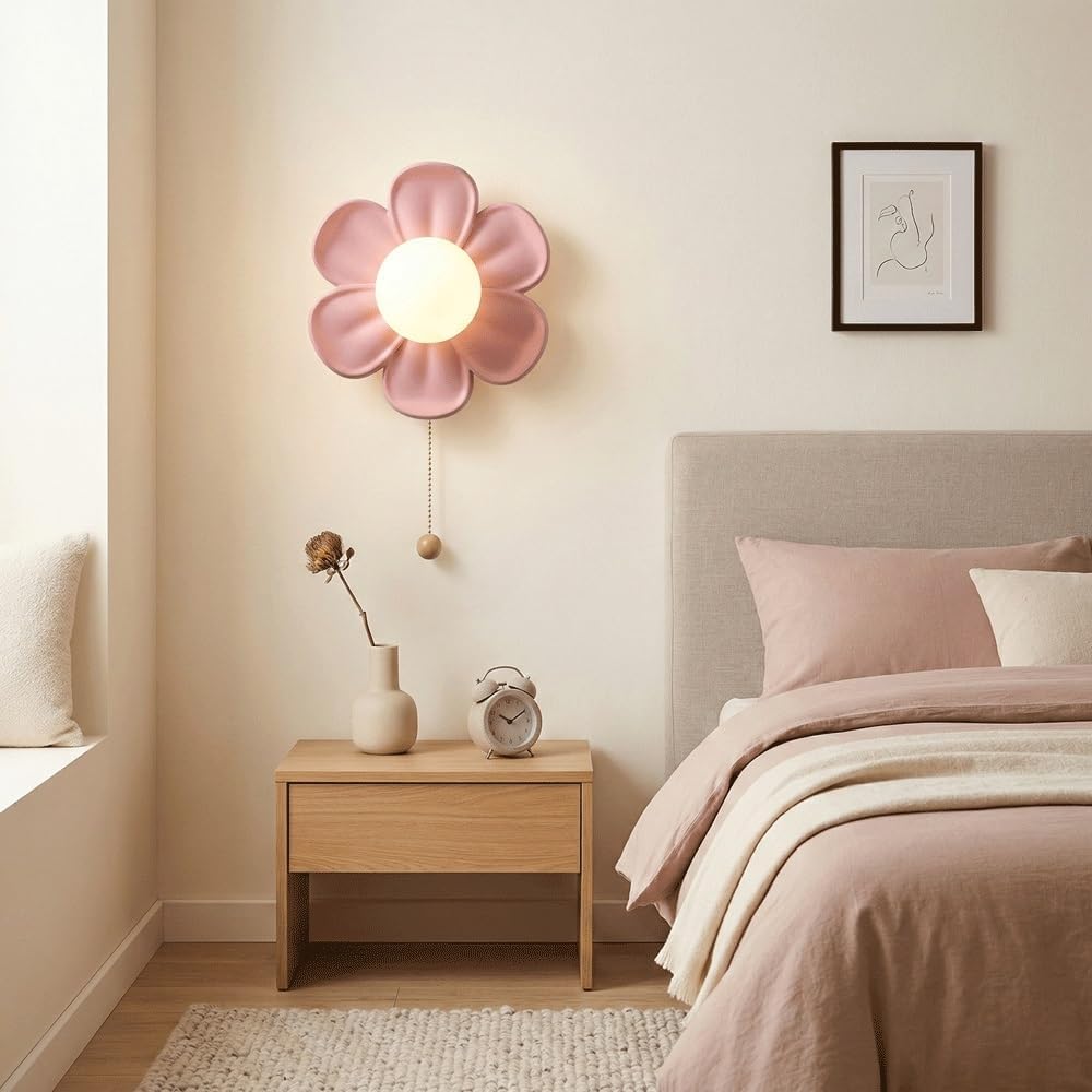 Modern Flower Wall Sconce Lighting,Creative Pastel Petal LED Wall Lamp with Pull Chain Switch,Sconce for Kids Room, Bedroom, Nursery, Hallway Wall Decor