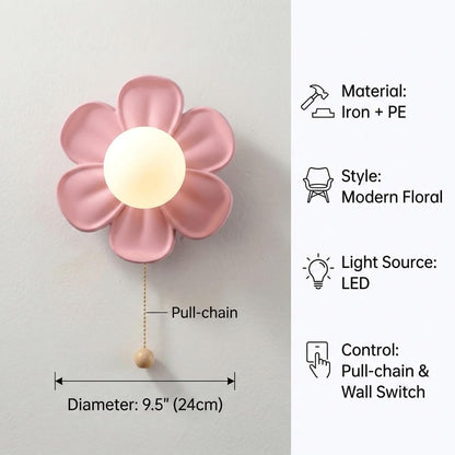 Modern Flower Wall Sconce Lighting,Creative Pastel Petal LED Wall Lamp with Pull Chain Switch,Sconce for Kids Room, Bedroom, Nursery, Hallway Wall Decor