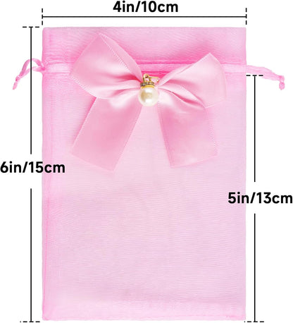 4x6 In Organza Bags with Bow, 30Pcs Pink Mesh Drawstring Gift Bag, Organza Party Favor Pouches for Christmas, Valentine's Day, Wedding, Birthday, Baby Shower