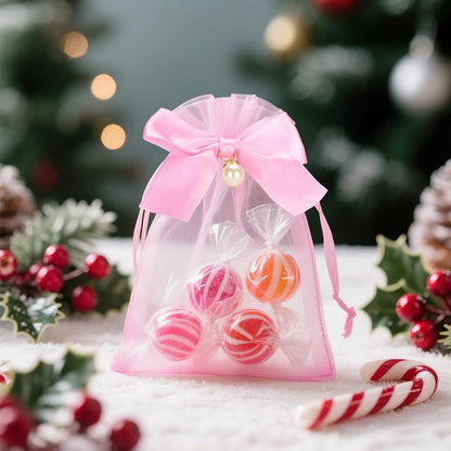 4x6 In Organza Bags with Bow, 30Pcs Pink Mesh Drawstring Gift Bag, Organza Party Favor Pouches for Christmas, Valentine's Day, Wedding, Birthday, Baby Shower