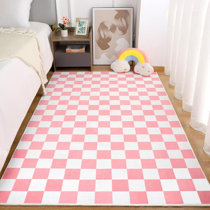 Terrug Pink and White Checkered Rug for Bedroom, 4x6 Washable Area Rugs