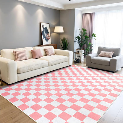 Terrug Pink and White Checkered Rug for Bedroom, 4x6 Washable Area Rugs