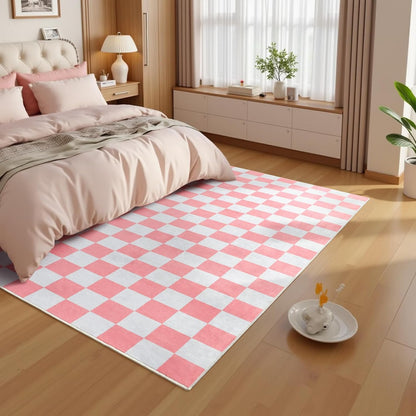 Terrug Pink and White Checkered Rug for Bedroom, 4x6 Washable Area Rugs