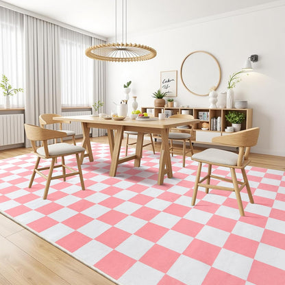 Terrug Pink and White Checkered Rug for Bedroom, 4x6 Washable Area Rugs