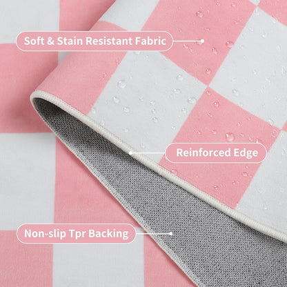 Terrug Pink and White Checkered Rug for Bedroom, 4x6 Washable Area Rugs