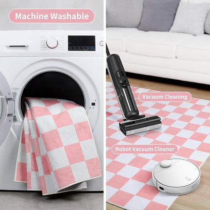 Terrug Pink and White Checkered Rug for Bedroom, 4x6 Washable Area Rugs