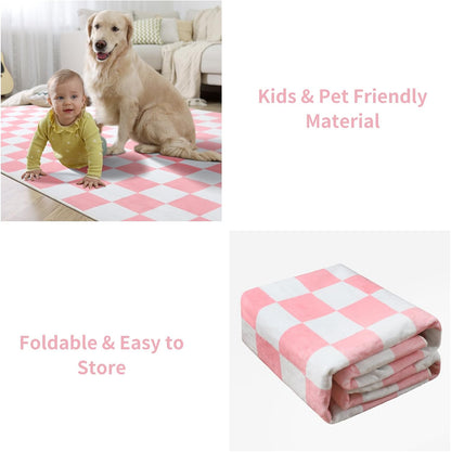 Terrug Pink and White Checkered Rug for Bedroom, 4x6 Washable Area Rugs