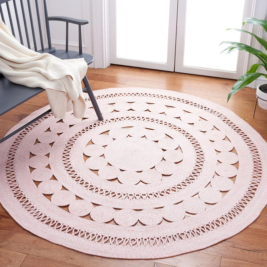Cape Cod Collection Area Rug - 4' Round, Pink, Handmade Braided, Ideal for High Traffic Areas in Living Room, Bedroom (CAP222U)