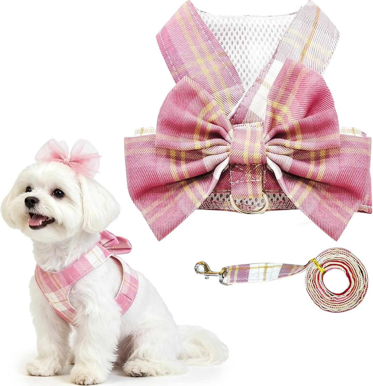 Cute Dog Harness and Leash Set with Bow Tie Soft Mesh Plaid Girl Puppy Harness No Pull Pet Cat Dog Vest Harness for Small Dogs Chihuahua Rabbit Outfit (Pink,S)