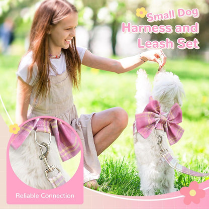 Cute Dog Harness and Leash Set with Bow Tie Soft Mesh Plaid Girl Puppy Harness No Pull Pet Cat Dog Vest Harness for Small Dogs Chihuahua Rabbit Outfit (Pink,S)