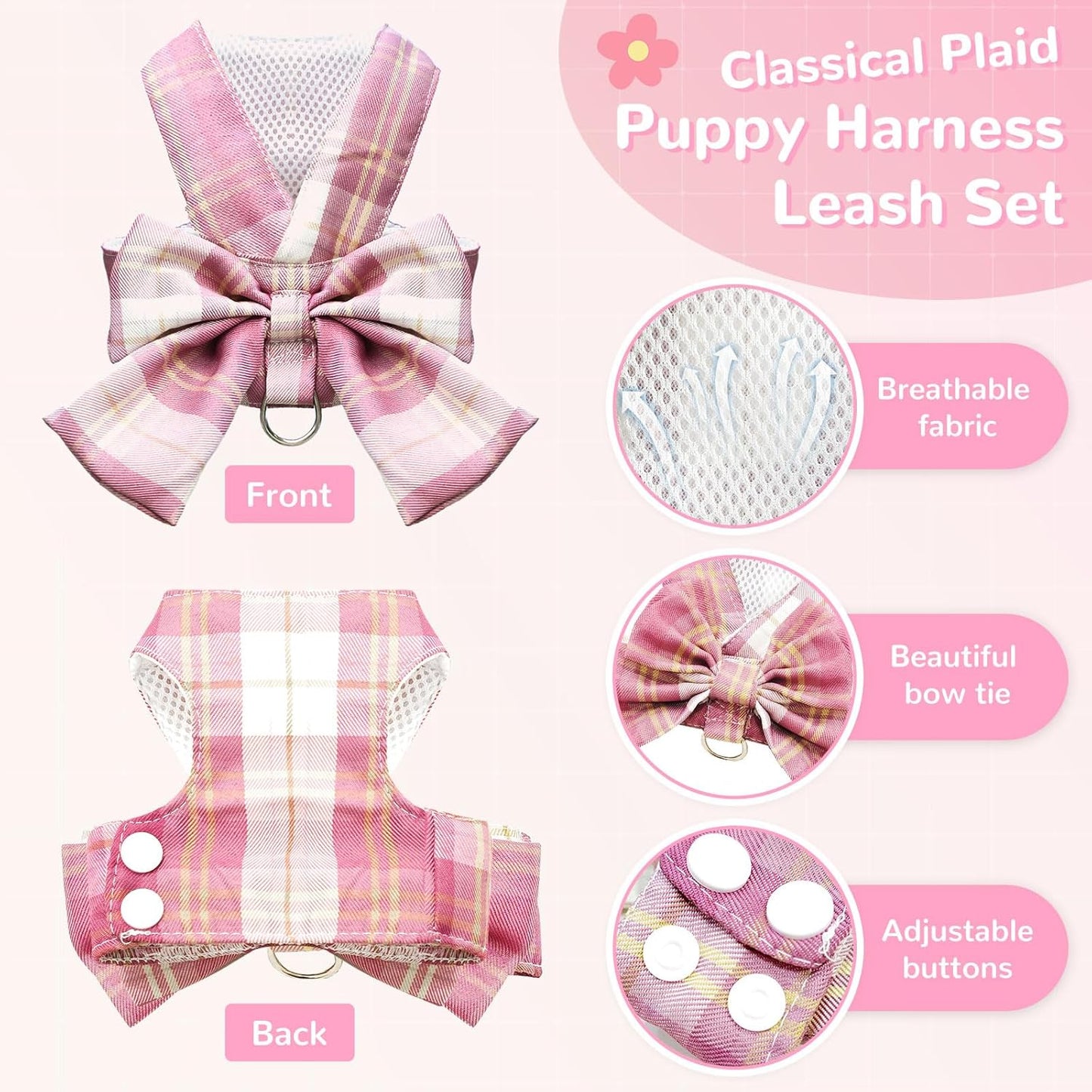 Cute Dog Harness and Leash Set with Bow Tie Soft Mesh Plaid Girl Puppy Harness No Pull Pet Cat Dog Vest Harness for Small Dogs Chihuahua Rabbit Outfit (Pink,S)
