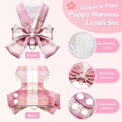 Cute Dog Harness and Leash Set with Bow Tie Soft Mesh Plaid Girl Puppy Harness No Pull Pet Cat Dog Vest Harness for Small Dogs Chihuahua Rabbit Outfit (Pink,S)