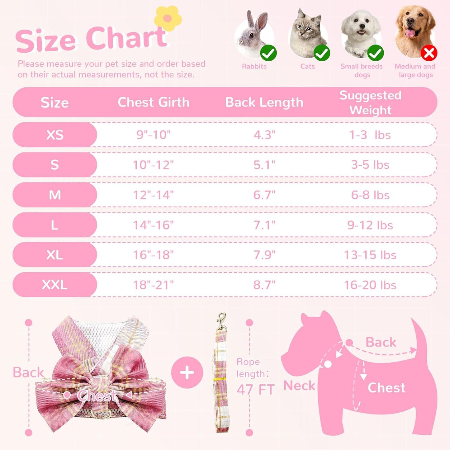 Cute Dog Harness and Leash Set with Bow Tie Soft Mesh Plaid Girl Puppy Harness No Pull Pet Cat Dog Vest Harness for Small Dogs Chihuahua Rabbit Outfit (Pink,S)