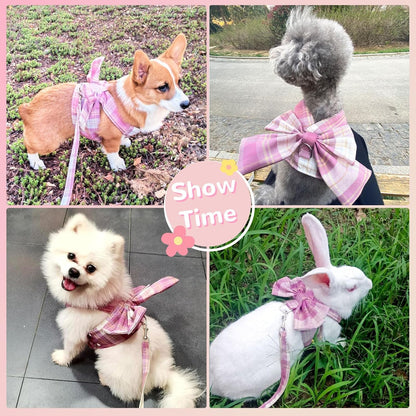 Cute Dog Harness and Leash Set with Bow Tie Soft Mesh Plaid Girl Puppy Harness No Pull Pet Cat Dog Vest Harness for Small Dogs Chihuahua Rabbit Outfit (Pink,S)