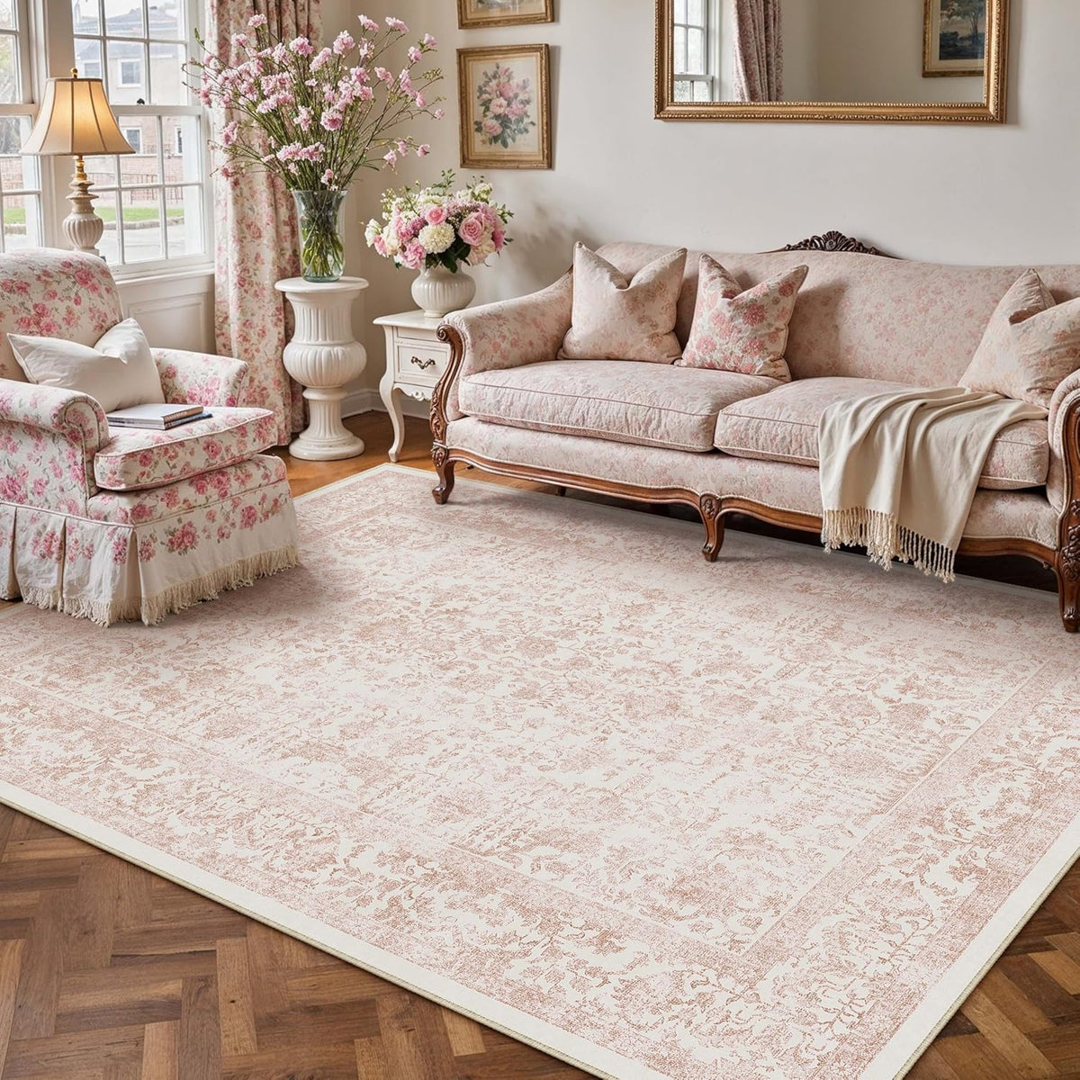 Pink Area Rug 5x7 Vintage Floral