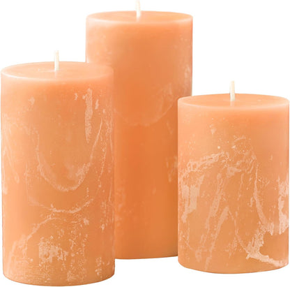 Sweet Peach, Set of 3 Orange Scented Pillar Candles, 3x4, 3x5, 3x6