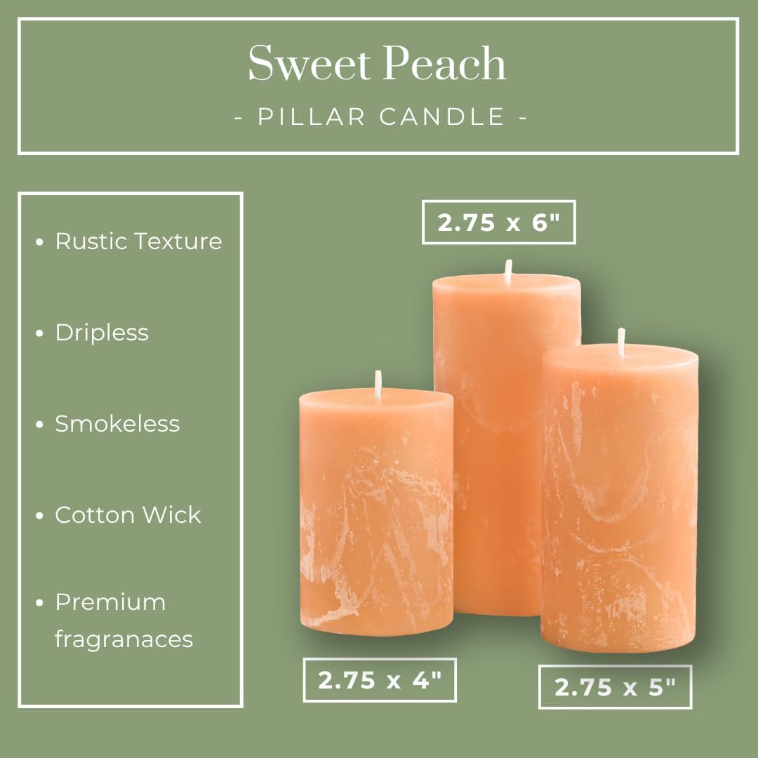 Sweet Peach, Set of 3 Orange Scented Pillar Candles, 3x4, 3x5, 3x6