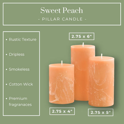 Sweet Peach, Set of 3 Orange Scented Pillar Candles, 3x4, 3x5, 3x6